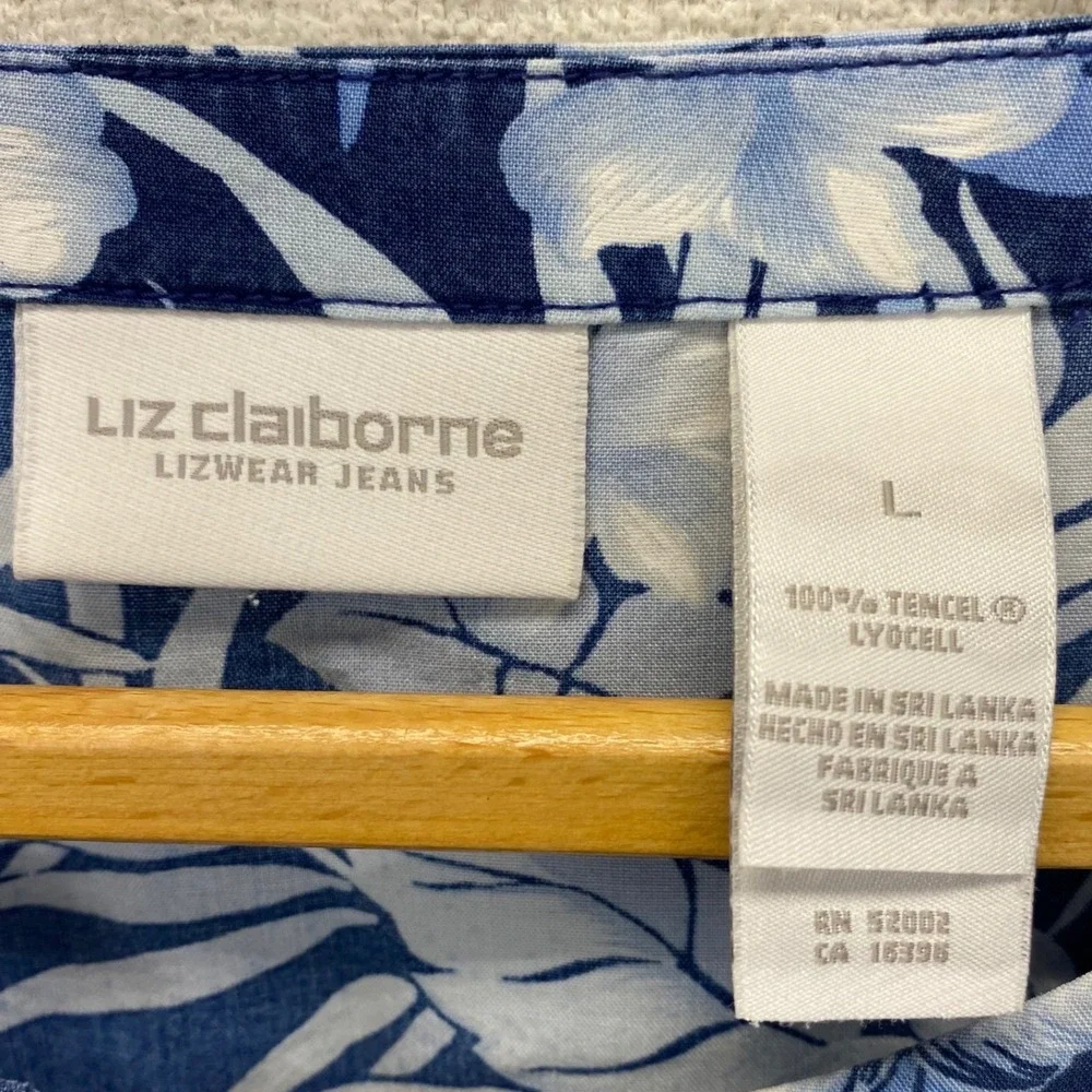 Liz Claiborne Lizwear Jeans Tropical Floral Top Womens Large Blue Tencel VTG Y2K